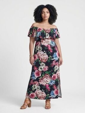 Off-Shoulder Floral Maxi Dress in Black and Pink